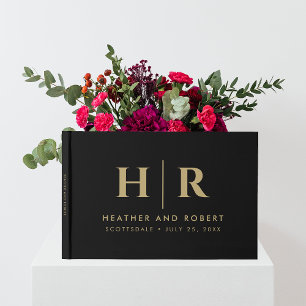 Wedding Monogram Simple Classic Minimal Gold Black Guest Book