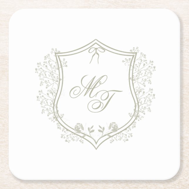 Wedding Monogram Square Paper Coaster (Front)