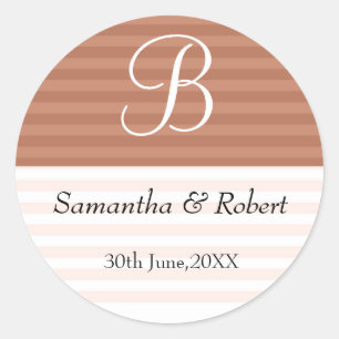 Wedding Monogram Stickers:Brown Stripes Classic Round Sticker