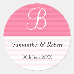 Wedding Monogram Stickers:Pink Stripes Classic Round Sticker