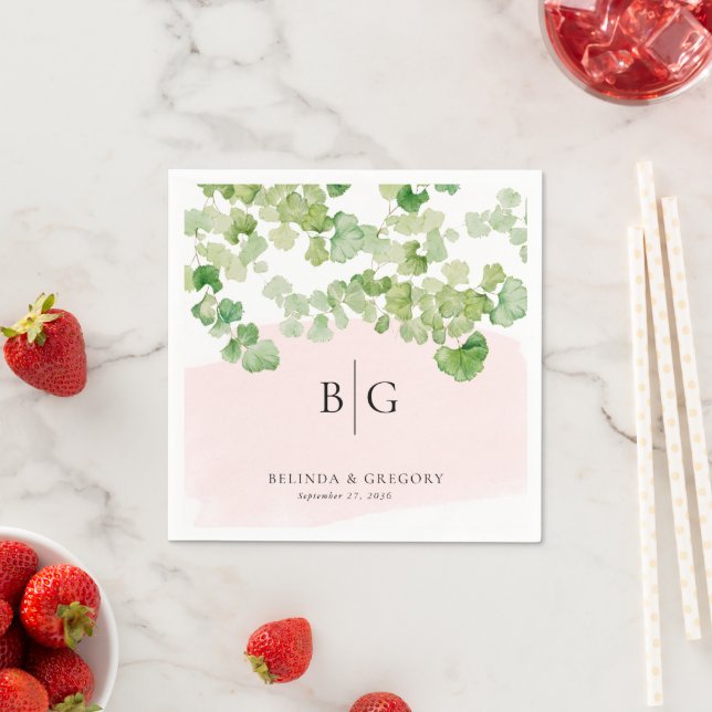 Wedding Monogram Watercolor Greenery Blush Pink Napkin (Insitu)