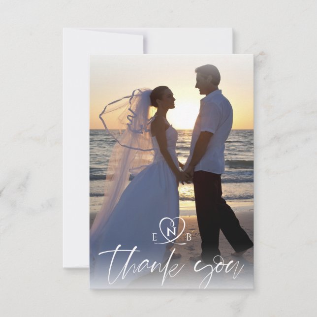 Wedding Monogram White Hearts Two Photos Script Thank You Card (Front)