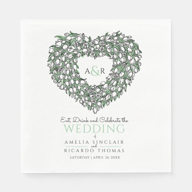 Wedding monogram white tulips wreath ink drawing napkin (Front)
