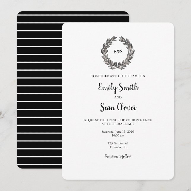 Wedding Monogram Wreath Black Stripe Invitation (Front/Back)
