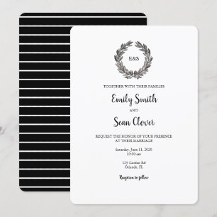 Wedding Monogram Wreath Black Stripe Invitation