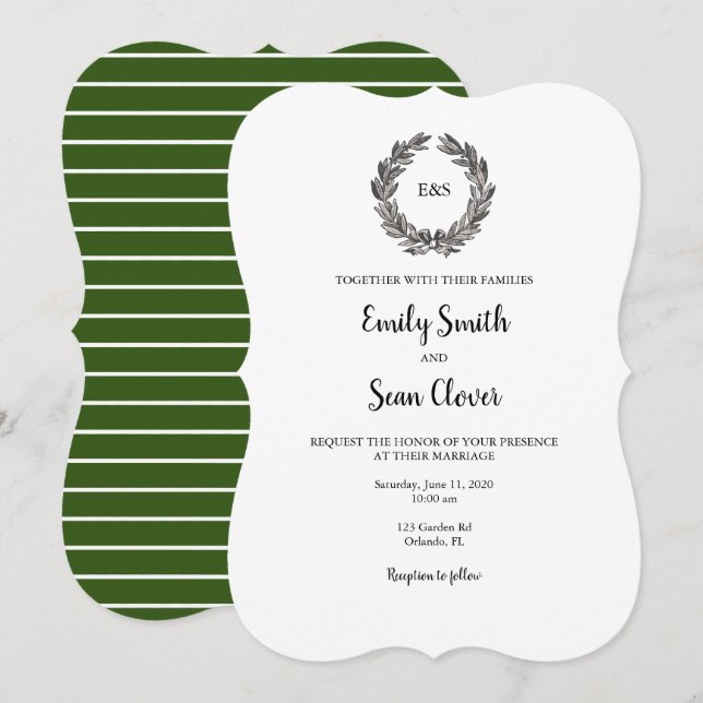 Wedding Monogram Wreath Green Stripe Invitation (Front/Back)