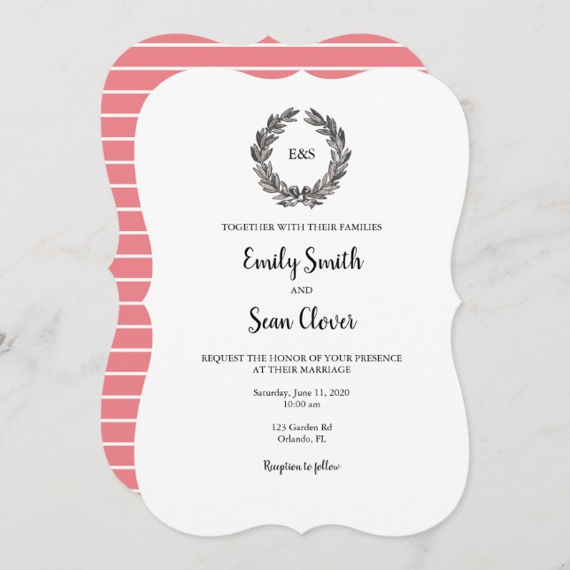 Wedding Monogram Wreath Stripe Invitation (Front/Back)