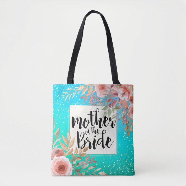 Wedding Mother of the Bride Pink Floral Teal Gold Tote Bag (Front)