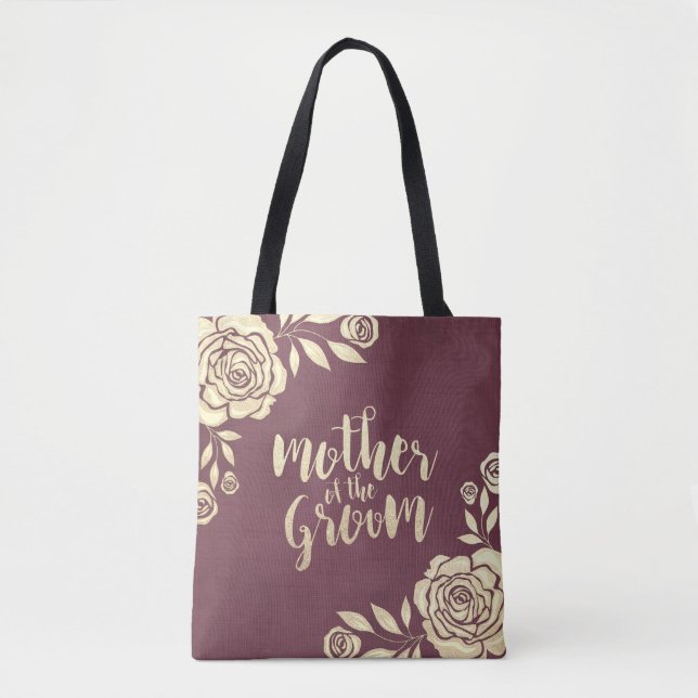 Wedding Mother of the Groom Burgundy Golden Roses Tote Bag (Front)