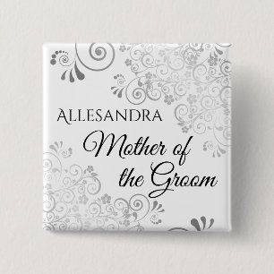 Wedding Mother of the Groom Name Tag Silver Frills 15 Cm Square Badge