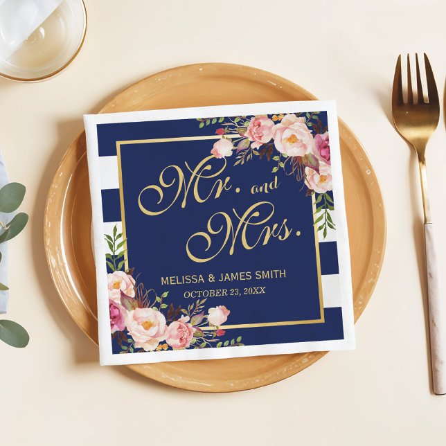 Wedding Mr. and Mrs. Floral Gold Navy Blue Stripes Napkin (Creator Uploaded)