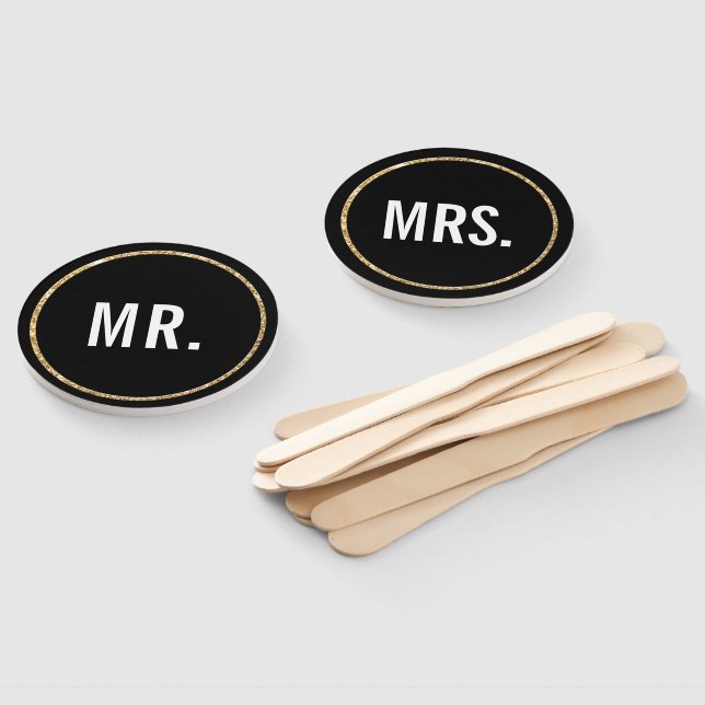WEDDING MR AND MRS modern black white gold Hand Fan (Non-assembled)