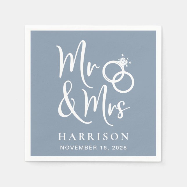 Wedding Mr Mrs Dusty Blue Napkin (Front)