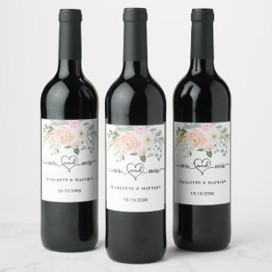 Wedding mr mrs heart blush florals script wine label