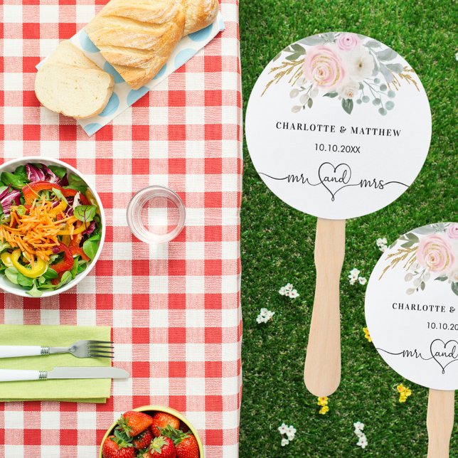 Wedding mr mrs heart script blush floral white hand fan (Creator Uploaded)