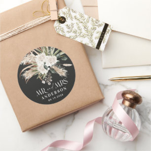 Wedding Mr Mrs pampas grass, eucalyptus botanical Classic Round Sticker