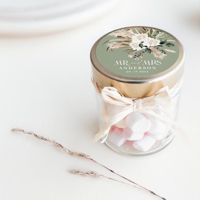 Wedding Mr Mrs pampas grass, eucalyptus botanical  Classic Round Sticker (Creator Uploaded)