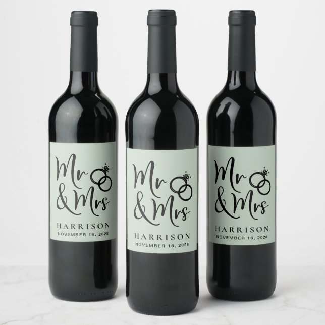 Wedding Mr Mrs Sage Green Wine Label (Bottles)