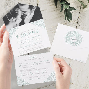 Wedding muted green white leaves photo meal RSVP All In One Invitation