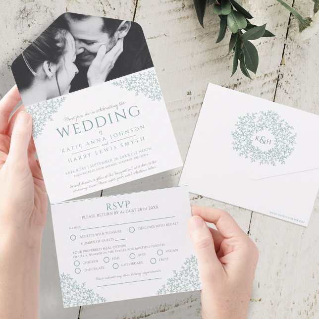 Wedding muted green white leaves photo meal RSVP All In One Invitation (Creator Uploaded)