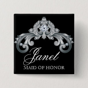 Wedding Name Tag Button Elegant Black Silver