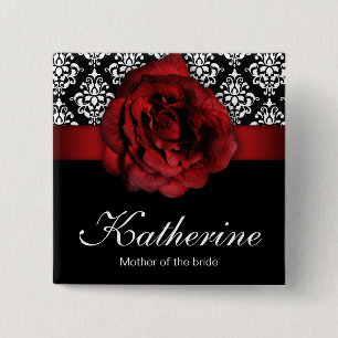 Wedding Name Tag Button Red Rose Damask