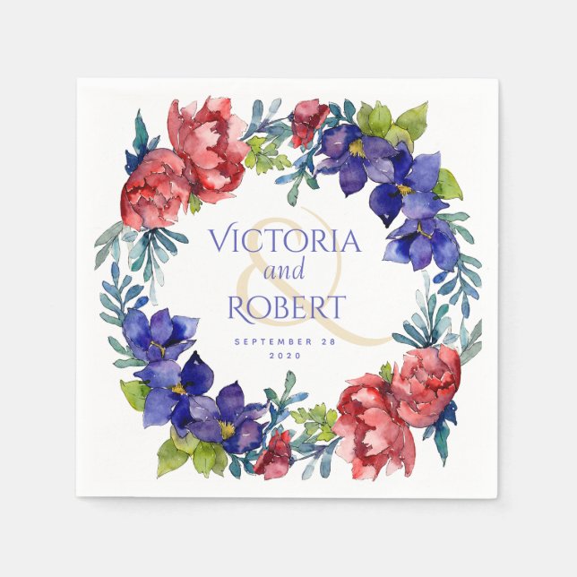 Wedding Napkins | Happiness Watercolor Floral (Front)