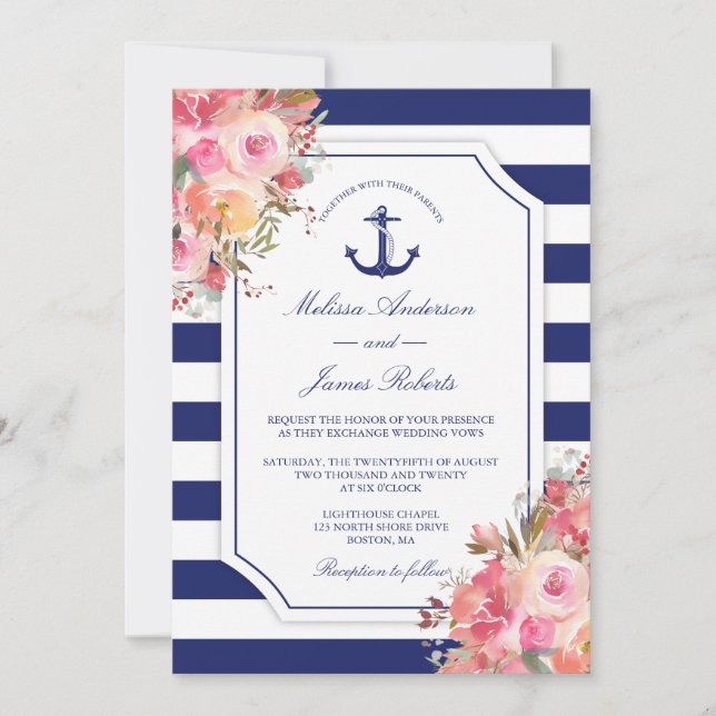 Wedding Nautical Anchor Floral Rose Blue Stripes Invitation (Front)