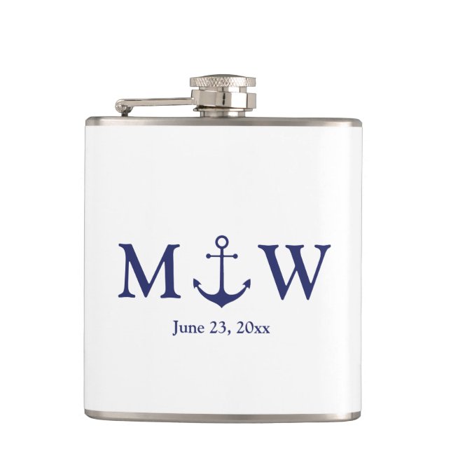 Wedding nautical anchor navy blue monogram favours hip flask (Front)