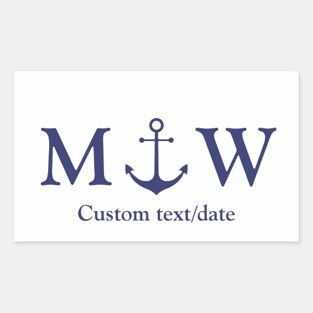 Wedding nautical anchor navy blue monogram favours rectangular sticker (Front)