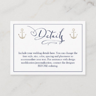 Wedding Nautical Anchor Navy Blue Script Details Enclosure Card