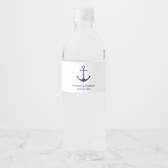 Wedding nautical anchor navy blue white elegant water bottle label (Front)
