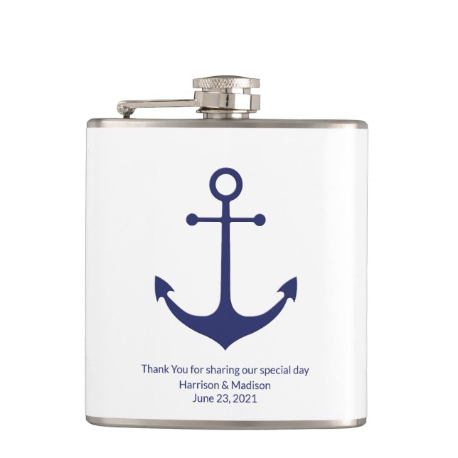 Wedding nautical anchor navy blue white favours hip flask (Front)