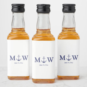 Wedding nautical anchor navy blue white monogram liquor bottle label