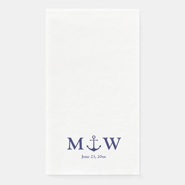 Wedding nautical anchor navy blue white monogram napkin (Front)