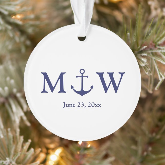 Wedding nautical anchor navy blue white monogram ornament (Tree)