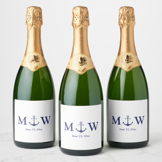 Wedding nautical anchor navy blue white monogram sparkling wine label (Bottles)