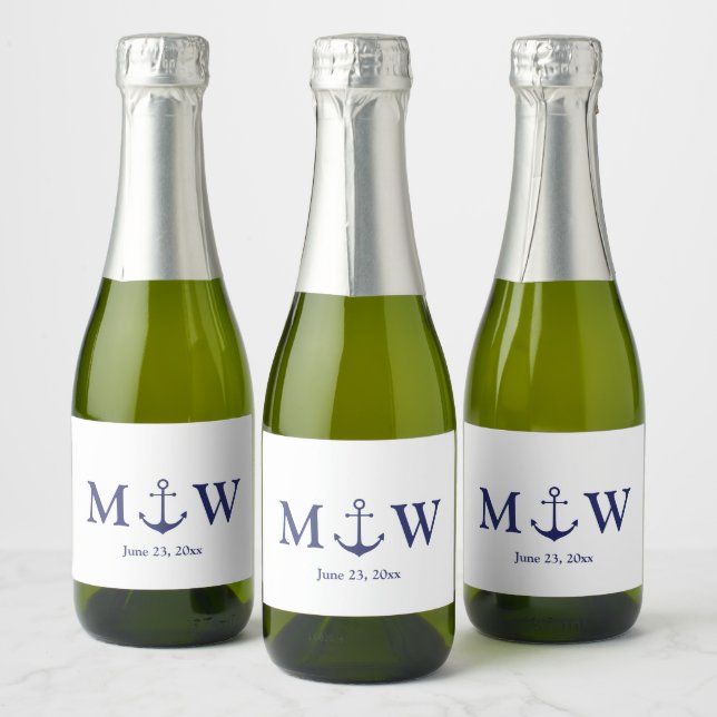 Wedding nautical anchor navy blue white monogram sparkling wine label (Bottles)