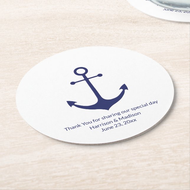 Wedding nautical anchor navy blue white round paper coaster (Angled)