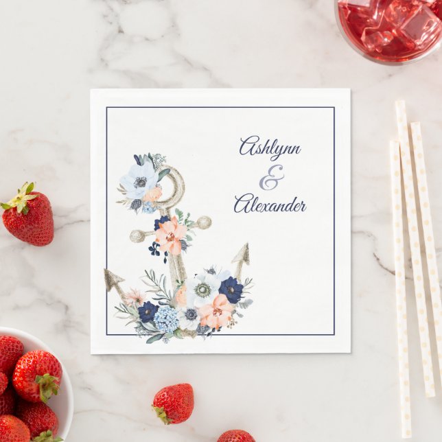 Wedding Nautical Anchor Navy Peach Floral Names Napkin (Insitu)