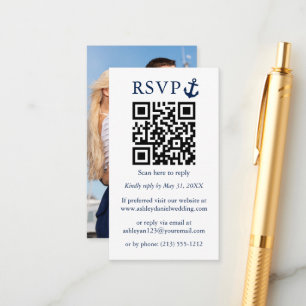 Wedding Nautical Blue Anchor QR RSVP Photo Enclosure Card