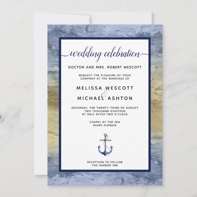 Wedding #Nautical Blue & Gold Event / Florida Invitation (Front)