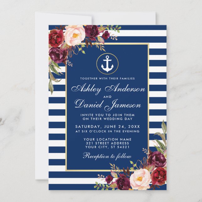Wedding Nautical Blue Stripes Burgundy Invite (Front)