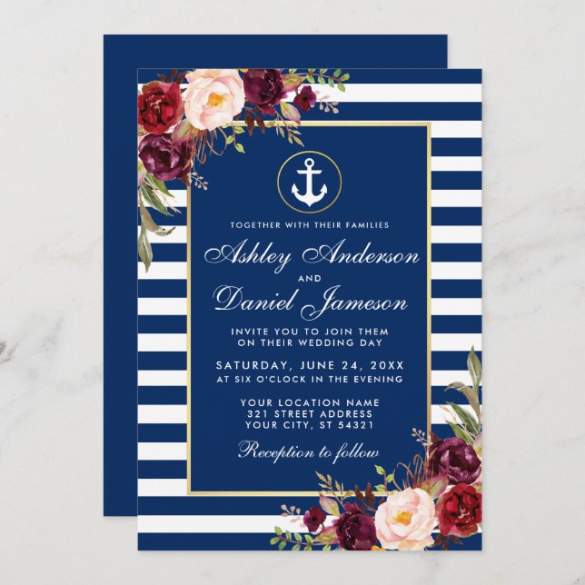 Wedding Nautical Blue Stripes Burgundy Invite B (Front/Back)