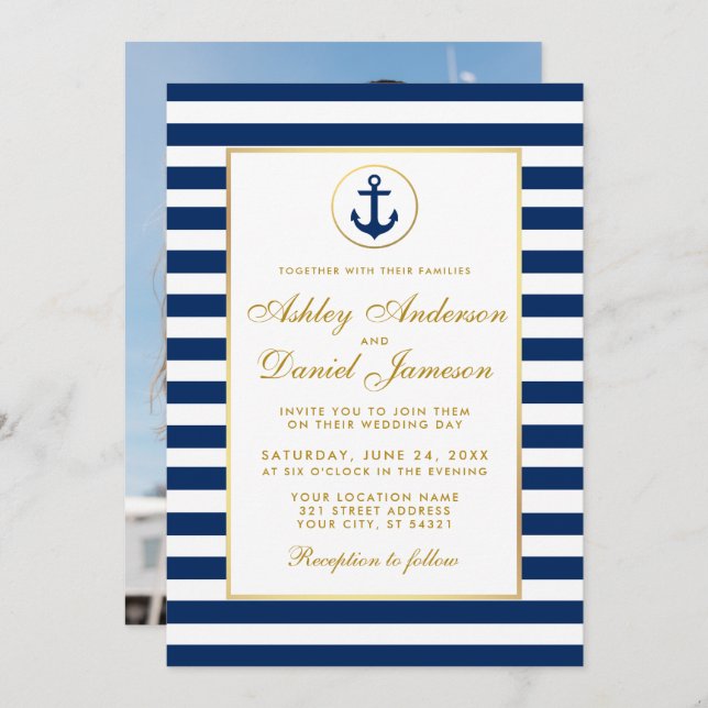 Wedding Nautical Blue Stripes Invite G Photo Back (Front/Back)