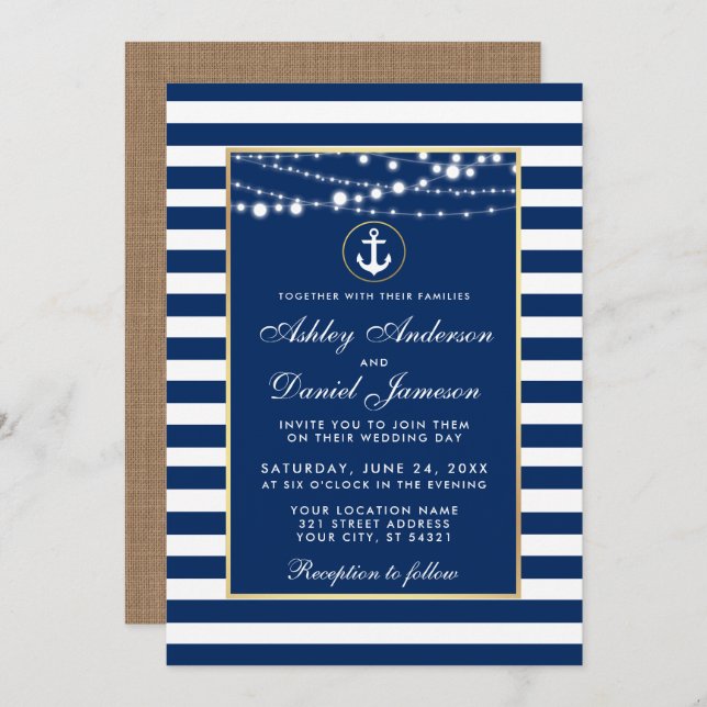 Wedding Nautical Blue Stripes Lights Invite B (Front/Back)