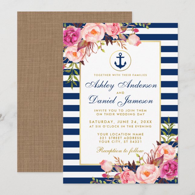 Wedding Nautical Blue Stripes Pink Floral Invite B (Front/Back)