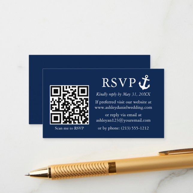 Wedding Nautical Navy Blue Anchor RSVP QR Enclosure Card (Front/Back In Situ)
