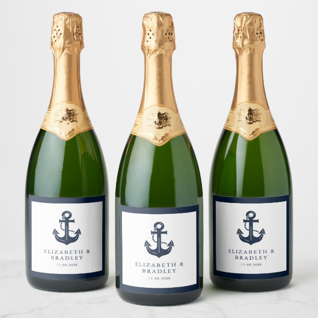 Wedding Nautical Navy Blue Boat Name Anchor Sparkling Wine Label (Bottles)