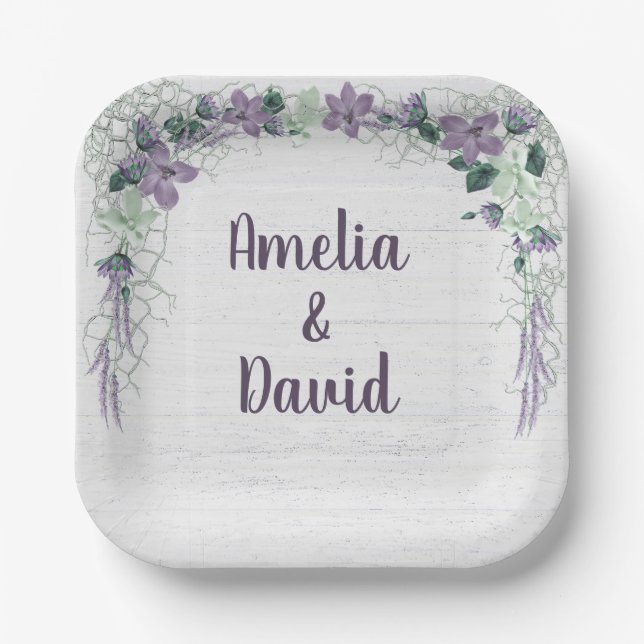 Wedding Nautical Net On Whitewashed Wood Paper Plate (Front)